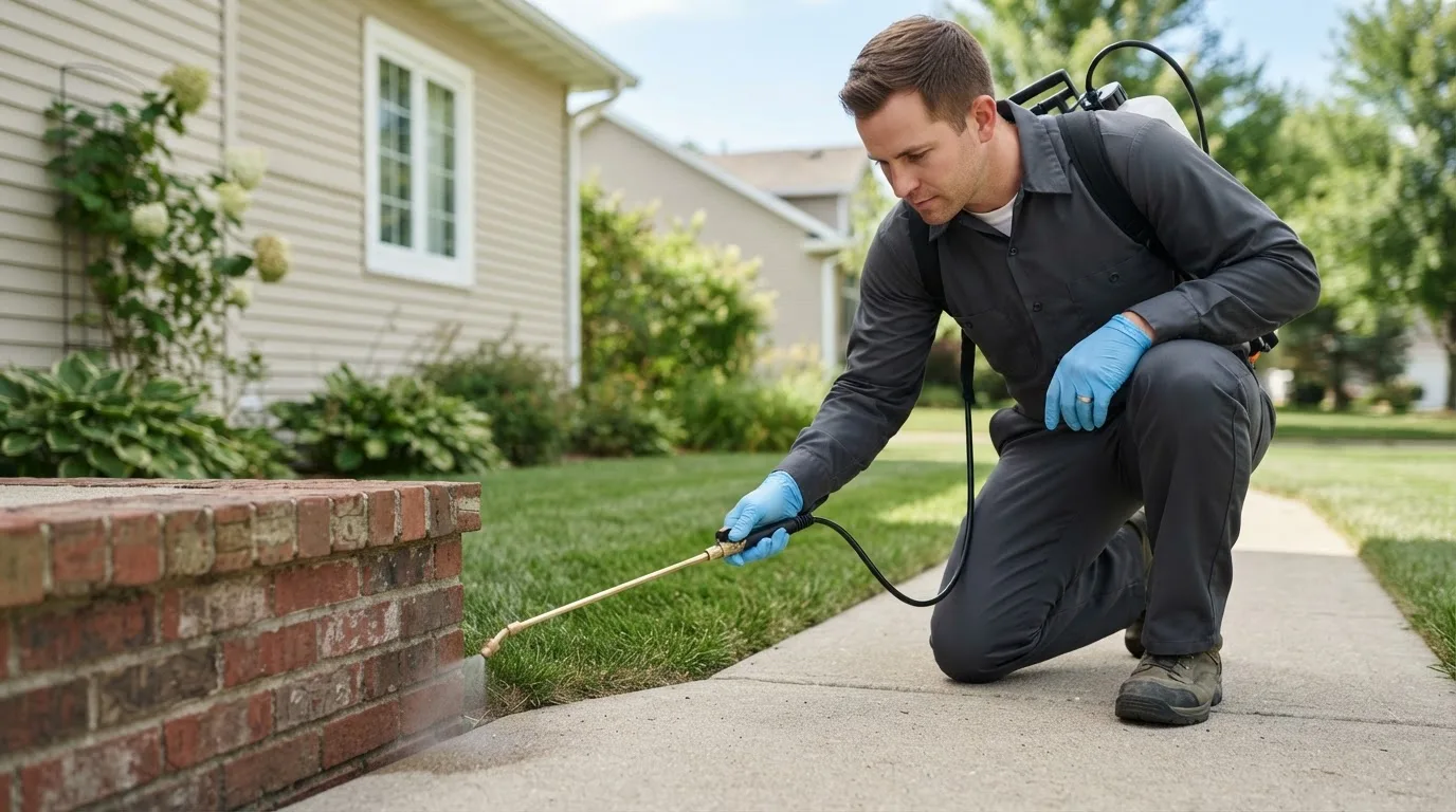 Pest control technician treating a home near Cunningham, KS